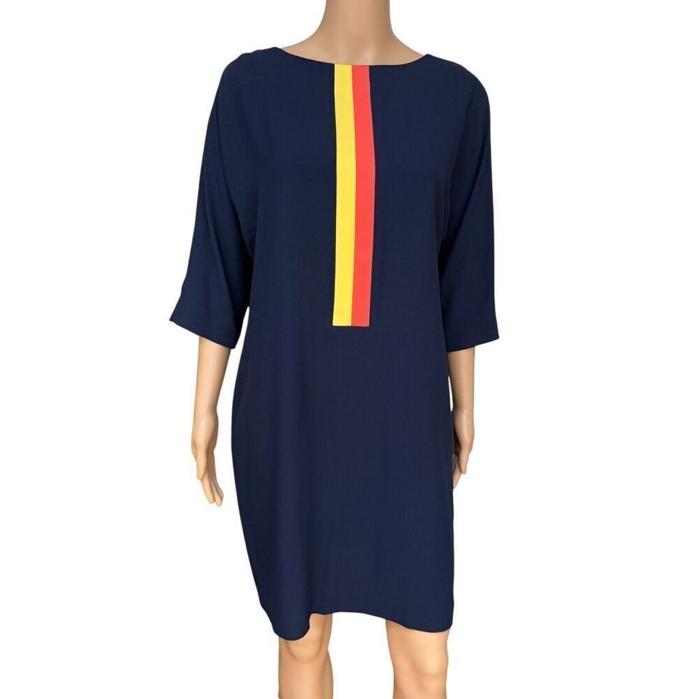 Lisa Perry Pockets Knee Length Quarter Sleeve Striped Panel Shift Dress Sz 4 NWT